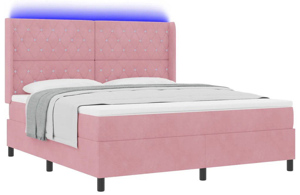 vidaXL Κρεβάτι Box Spring με Στρώμα & LED Ροζ 180x200 εκ. Βελούδο