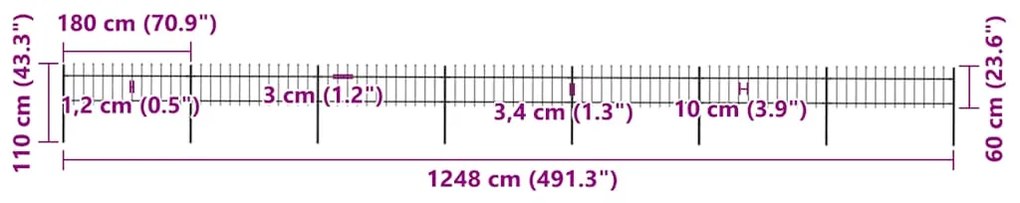vidaXL Φράχτης Κήπου με Κορυφή Δόρυ Μαύρος Ατσάλινος 1248 x 60 εκ.