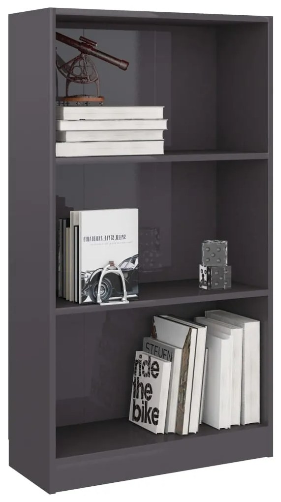 vidaXL Βιβλιοθήκη με 3 Ράφια Γυαλ. Γκρι 60x24x109 εκ. Επεξεργ. Ξύλο
