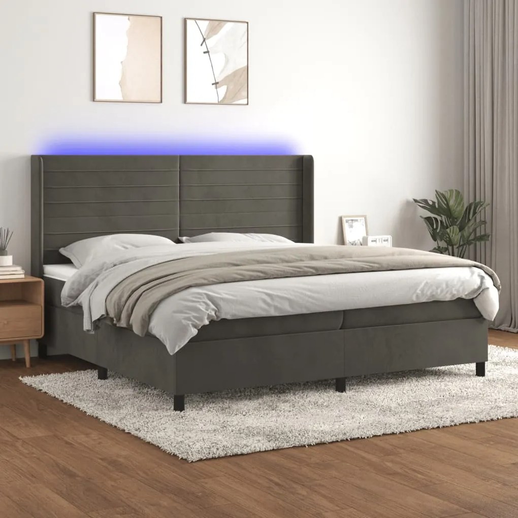 vidaXL Κρεβάτι Boxspring με Στρώμα & LED Σκ. Γκρι 200x200εκ. Βελούδινο