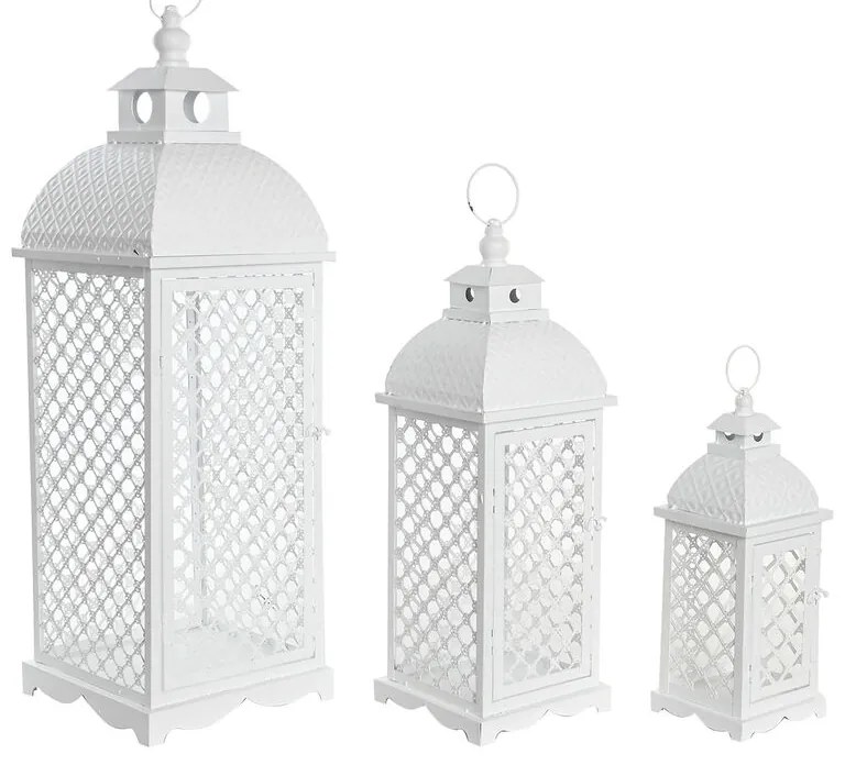 Σετ φαναριών DKD Home Decor Λευκό Μέταλλο Κρυστάλλινο Άραβας Παλαιωμένο φινίρισμα 24 x 24 x 74 cm (3 Τεμάχια)