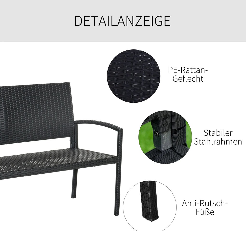 Outsunny Πάγκος Κήπου, σε εμφάνιση Rattan, με ατσάλινο πλαίσιο, για 2 άτομα, Μαύρο, 122 x 60 x 85cm