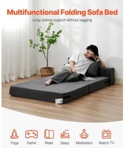 VEVOR Folding Sofa Bed 3-in-1 Foldable Couch Bed with 2 Pillows Dark Grey Twin