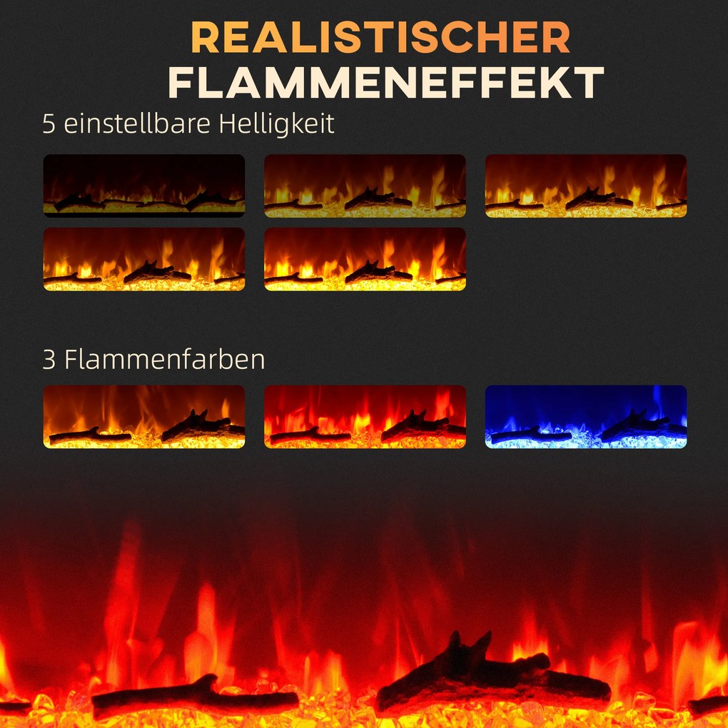 Ηλεκτρικό τζάκι HOMCOM για επιτοίχια τοποθέτηση με τηλεχειριστήριο, ψεύτικα ξύλα και κρύσταλλα, ισχύς 1800W, Μαύρο