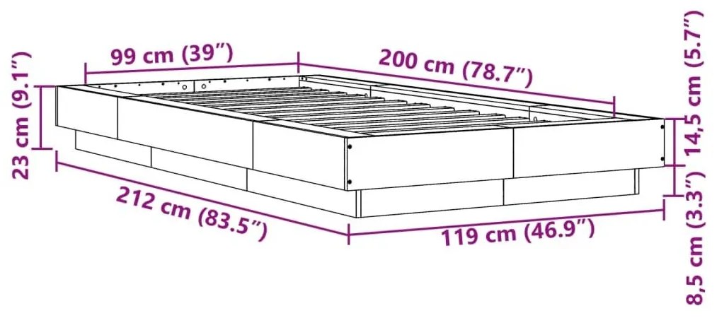 Πλαίσιο Κρεβατιού Γκρι Σκυροδέματος 100x200 εκ. Επεξεργ. Ξύλο - Γκρι