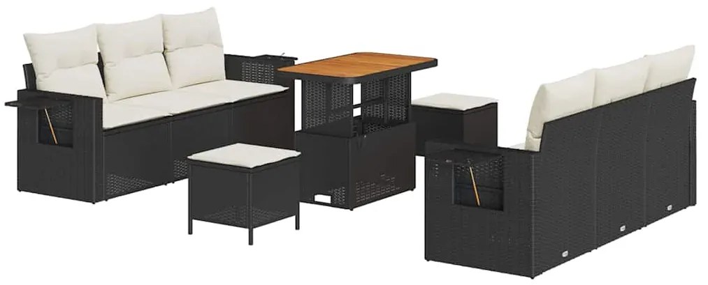 vidaXL σετ καναπέ κήπου 9 τεμαχίων με μαύρα μαξιλάρια και πολυ καλαθάκι