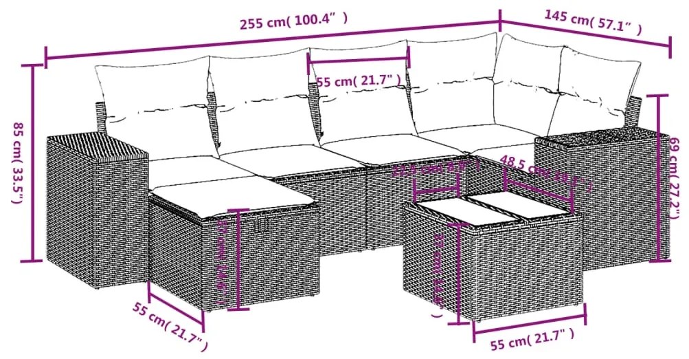 vidaXL Σαλόνι Κήπου Σετ 7 Τεμαχίων Γκρι Συνθετικό Ρατάν με Μαξιλάρια