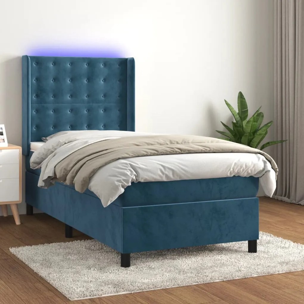 Κρεβάτι Boxspring με Στρώμα &amp; LED Σκ. Μπλε 80x200 εκ. Βελούδινο