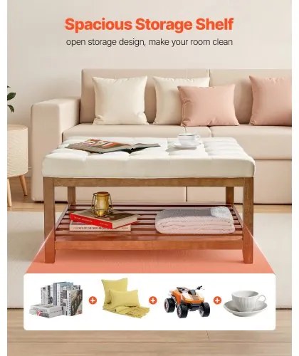 VEVOE Large Square Ottoman Coffee Table, 87.5 cm Tufted Coffee Table with Solid Wood Shelf Storage, Linen Solid Upholstered Footrest Ottoman for Bedroom Living Room, 400 LBS, Off-White
