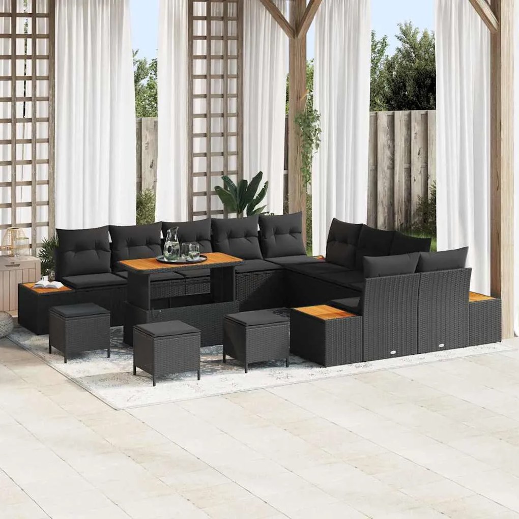vidaXL Σετ Καναπέ Κήπου με μαξιλάρι 14 pcs Μαύρο Πολυ ράταν