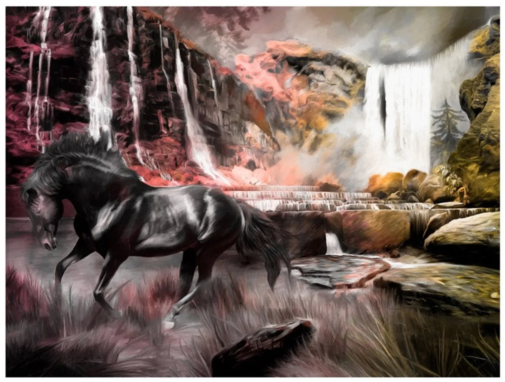 Φωτοταπετσαρία - Black horse by a waterfall 200x154