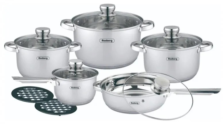 Σετ κατσαρόλες και τηγάνια Rosberg R51210L12BM, 12 τεμάχια, Πολυστρωματικός πυθμένας, Ανοξείδωτο, Ασημί
