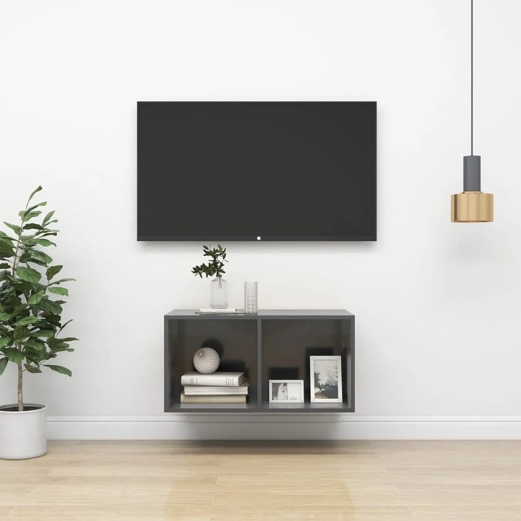 Έπιπλο Τηλεόρασης Κρεμαστό Γυαλ. Γκρι 37x37x72 εκ. Επεξ. Ξύλο