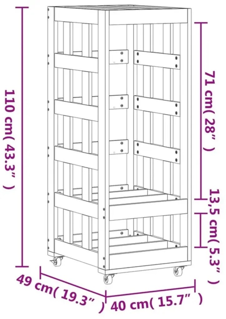 Ξυλοθήκη με Τροχούς Μαύρη 40 x 49 x 110 εκ. Μασίφ Ξύλο Πεύκου - Μαύρο