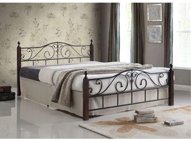 Κρεβάτι Adel Με Μέταλλο Και Ξύλο Ε8206 Black - Καρυδί 160x200cm Υπέρδιπλo Wood, Fabric
