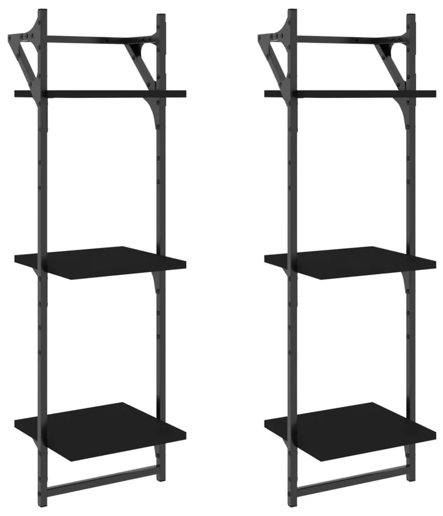 vidaXL Ράφια Τοίχου 3 Επιπέδων με Μπάρα 2 τεμ. Μαύρα 30x25x100 εκ.