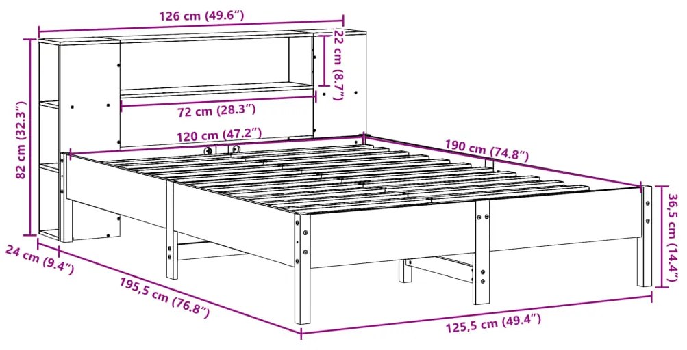 Κρεβάτι Βιβλιοθήκη Χωρίς Στρώμα 120x190 εκ Μασίφ Ξύλο Πεύκου - Καφέ