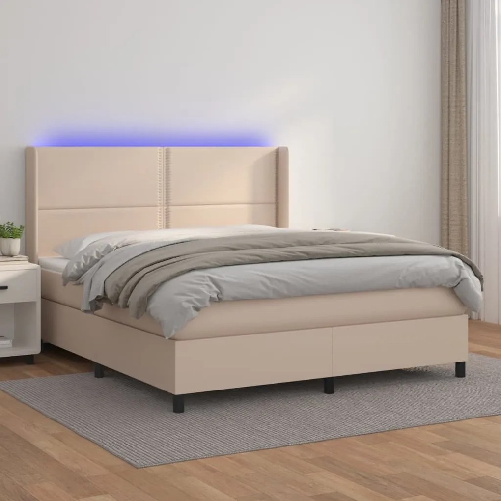 Κρεβάτι Boxspring Στρώμα&amp;LED Καπουτσίνο 180x200 εκ. Συνθ. Δέρμα - Καφέ