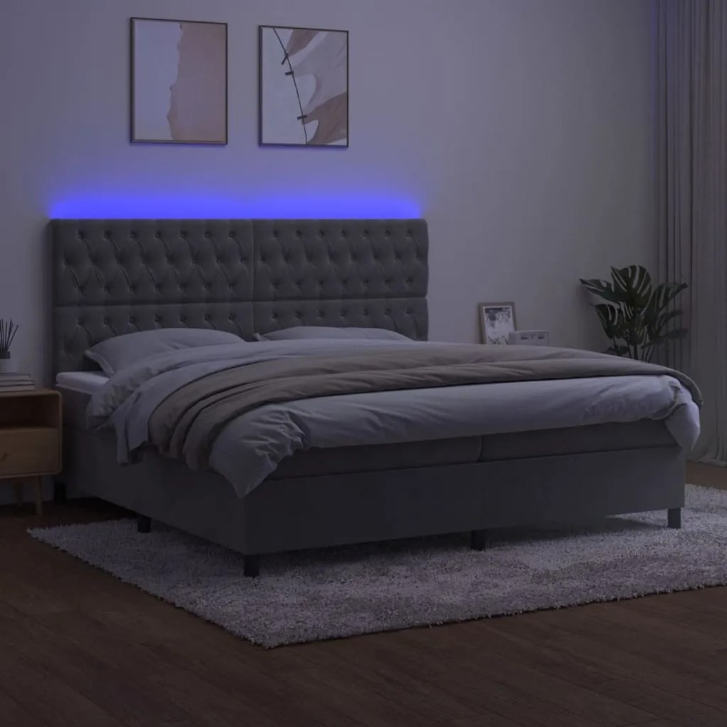 vidaXL Κρεβάτι Boxspring με Στρώμα &amp; LED Αν.Γκρι 200x200 εκ. Βελούδινο