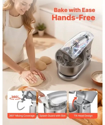 VEVOR Stand Mixer, 4.2 L Electric Kitchen Mixer, 1500W Dough-Mixer, 10 + Pulse Speeds Tilt-head Food-Mixer with Stainless Steel Bowl, Dough Hook, Whisk, Beater, for Baking, Mixing, Whipping & Kneading