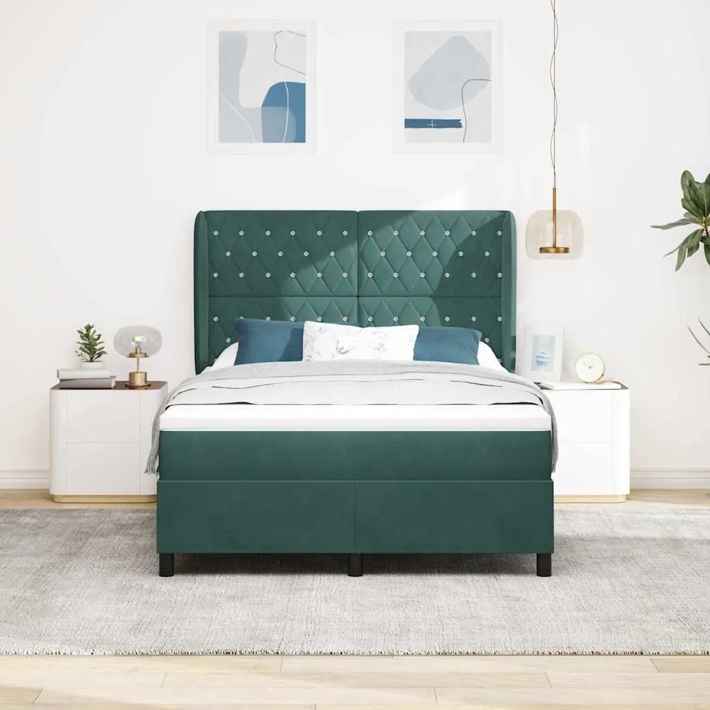 vidaXL Κρεβάτι με ελατήρια Σκούρο πράσινο 140 x 200 cm Βελούδο
