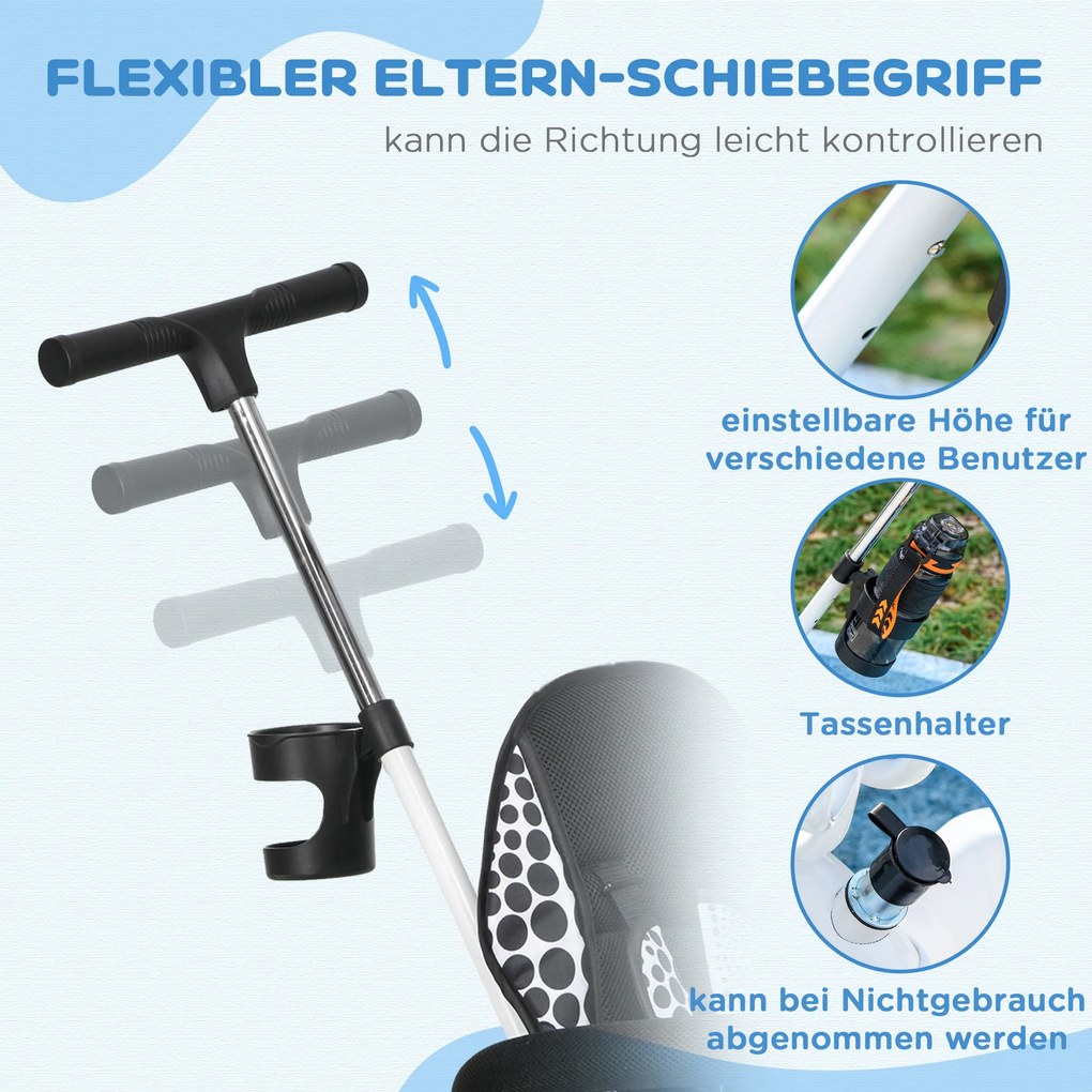 Τρίκυκλο ποδήλατο HOMCOM 6-σε-1 με λαβή ώθησης, τέντα, ζώνη, καλάθι αποθήκευσης, για 1-5 ετών, λευκό