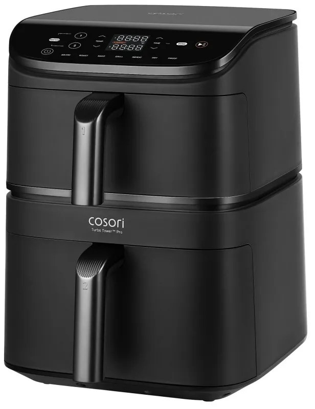 Cosori CAF-DC121-Ader Turbo Tower Διπλή φριτέζα ζεστού αέρα, 2630W, 4.3/6.5 L, 7 προγράμματα, 30-230C, έλεγχος αφής, χρονοδιακόπτης, κρύοι τοίχοι, μαύρο