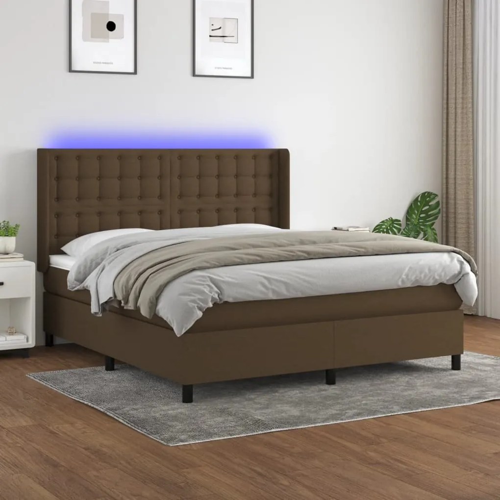 Κρεβάτι Boxspring με Στρώμα &amp; LED Σκ.Καφέ 160x200εκ. Υφασμάτινο