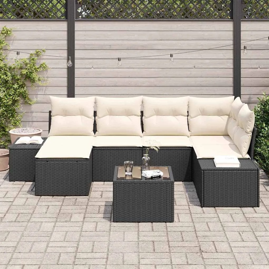 vidaXL Σετ Καναπέ Κήπου με μαξιλάρι 7 pcs Μαύρο και Κρεμ Πολυ ράταν