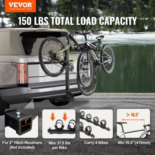 VEVOR Hitch Mount Bike Rack, 4-Bike Carrier Rack, 150 LBS Capacity Bike Rack Hitch for 2-inch Receiver, Titling and Folding Bike Carrier with No-Wobble U Bolt and Strap, for Car, SUV, Truck, RV, Rectangular interface