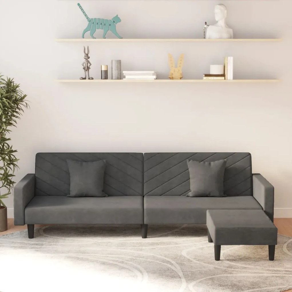 vidaXL Καναπές Κρεβάτι Διθέσιος 2 Μαξιλάρια&Υποπόδιο Σκ. Γκρι Βελούδο