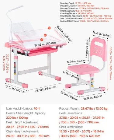 VEVOR Kids Chair and Desk Set Table Lamp Adjustable Height & Tilted Desktop Pink