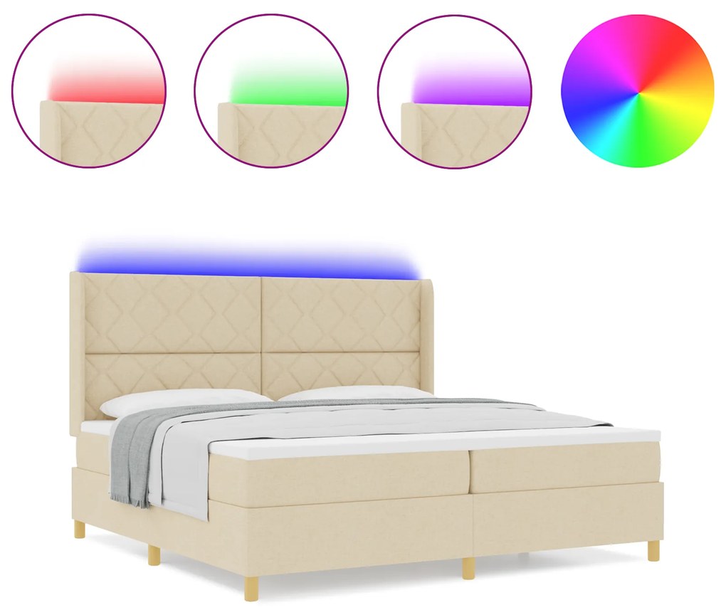 vidaXL Κρεβάτι Box Spring με Στρώμα & LED Κρεμ 200x200 εκ. Ύφασμα