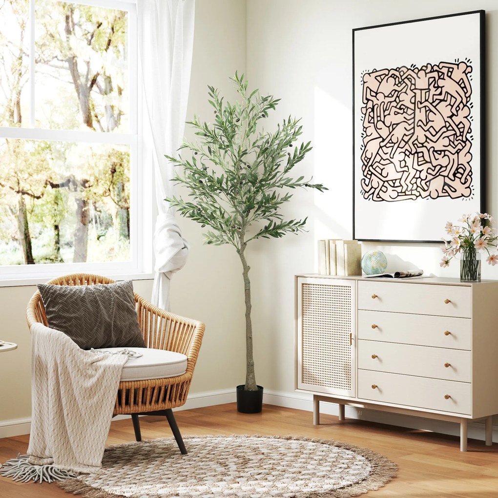 HOMCOM Τεχνητό δέντρο, Τεχνητή ελιά, 180 cm, 900 φύλλα, 40 ελιές, σταθερή γλάστρα, διακοσμητικό φυτό, πράσινο