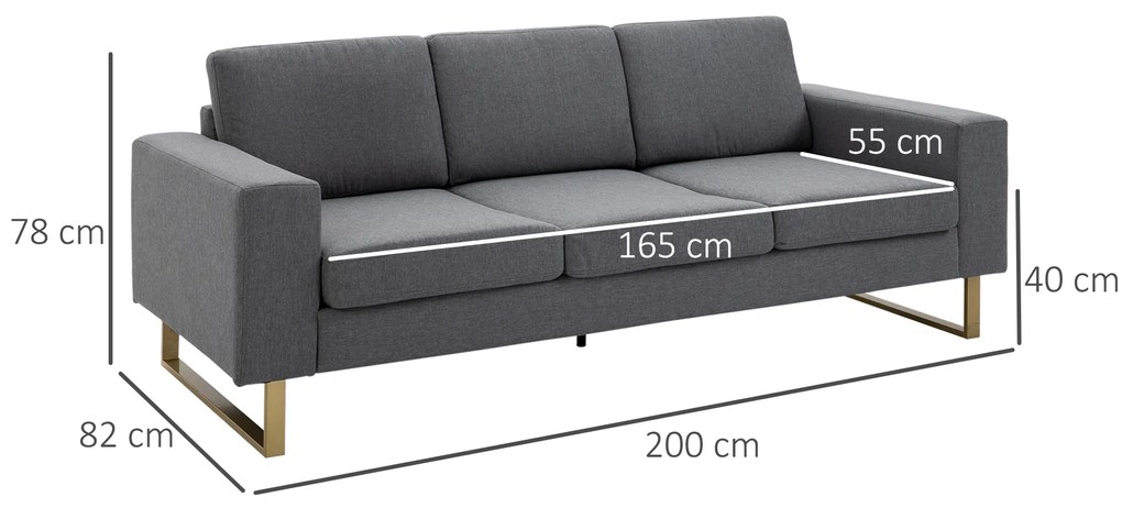 HOMCOM Καναπές 3 θέσεων Τριθέσιος καναπές από ύφασμα με μαξιλάρια Μπράτσο Όψη λινό για υπνοδωμάτιο 200 x 82 x 78 εκ. Σκούρο γκρι