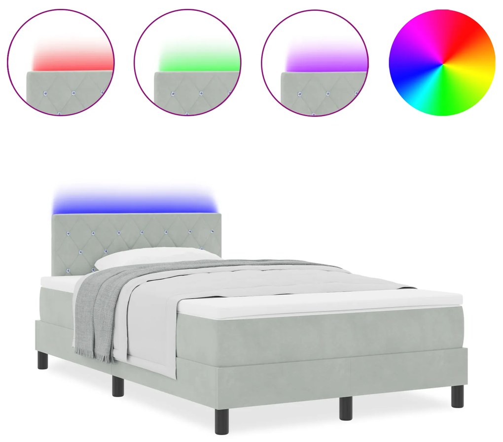 vidaXL Κρεβάτι με Βάση Στραγγαλισμού & Στρώμα & LED Ανοιχτό Γκρι 120x190 εκ Βελούδο