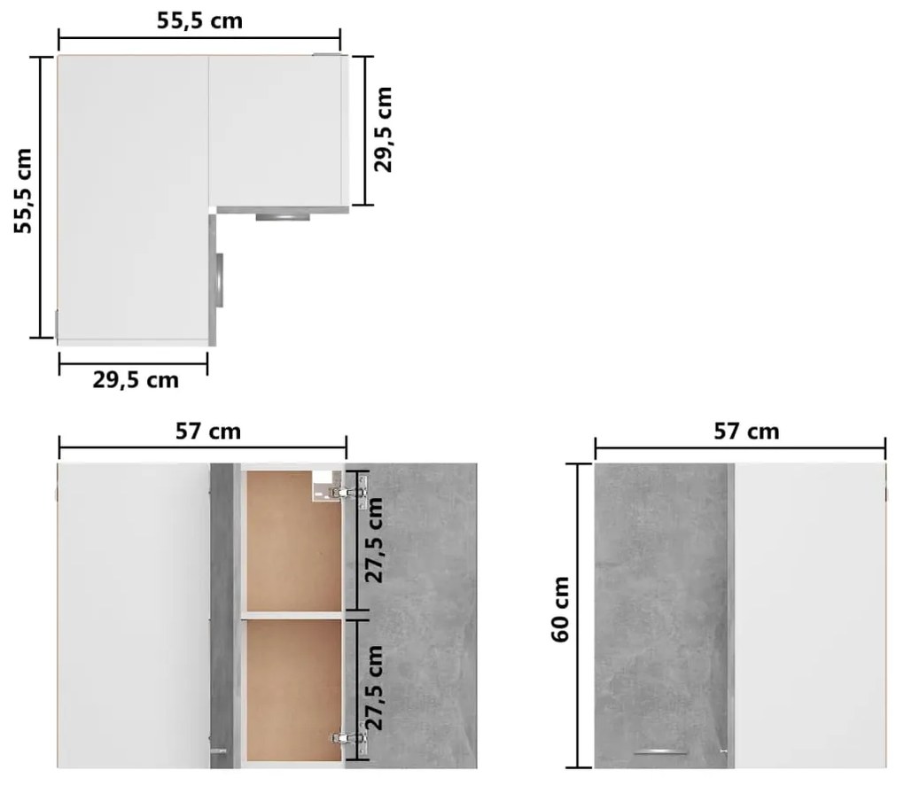 Ντουλάπι Γωνία Κρεμαστό Γκρι Σκυρ. 57x57x60 εκ. από Επεξ. Ξύλο - Γκρι