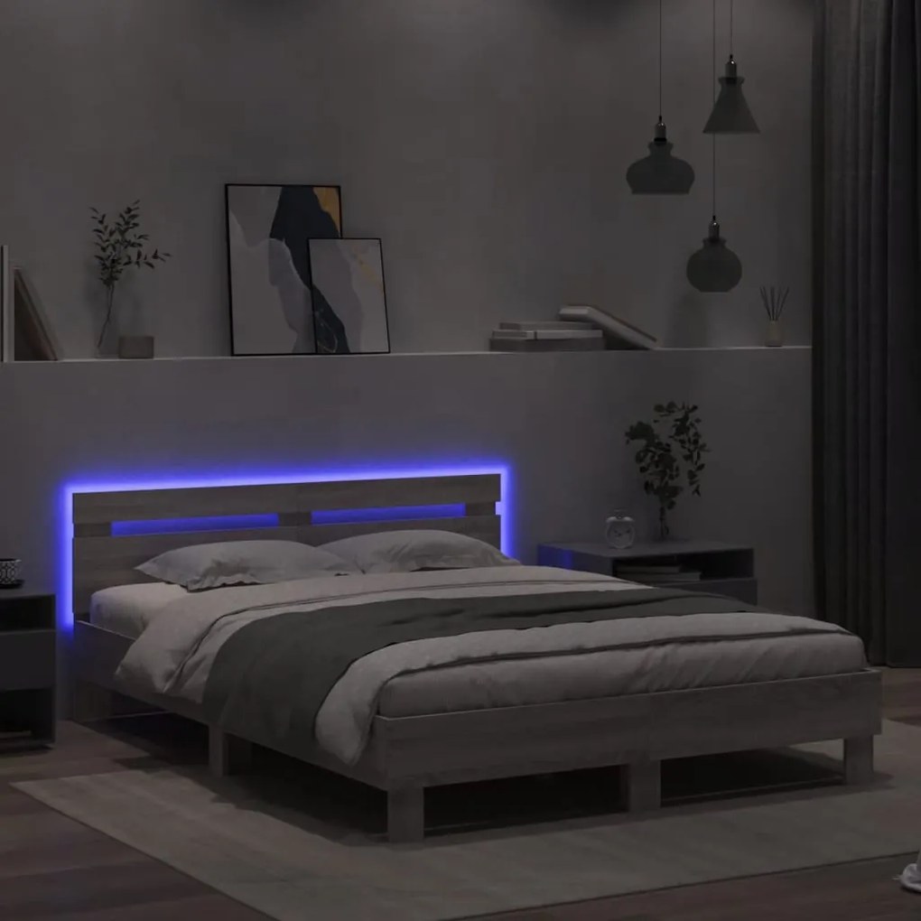vidaXL Πλαίσιο Κρεβατιού με Κεφαλάρι/LED Γκρι Sonoma 140x200 εκ.