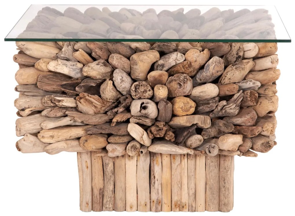 Τραπεζάκι σαλονιού SPARROW C9963 Τετράγωνο Driftwood &amp; Γυαλί 75x75x51Υ εκ. 75x75x51 εκ.