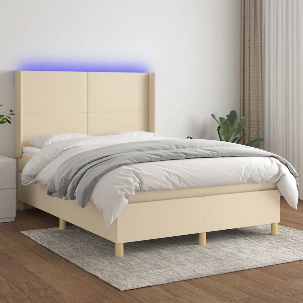 vidaXL Κρεβάτι Boxspring με Στρώμα &amp; LED Κρεμ 140x200 εκ. Υφασμάτινο