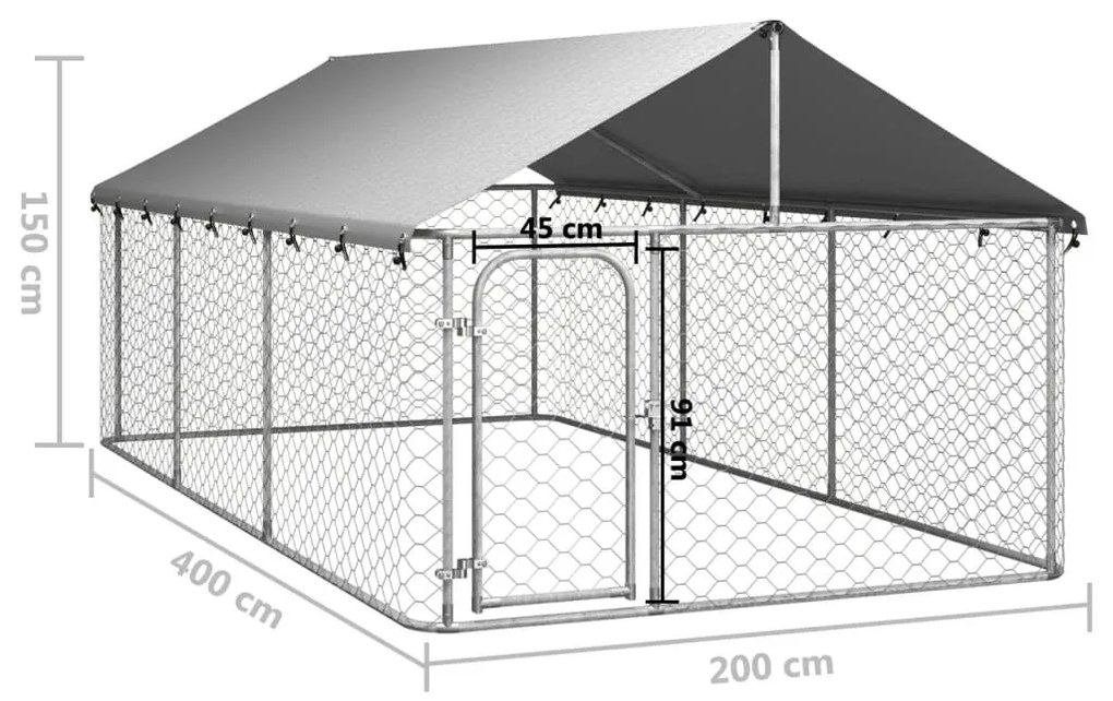 Κλουβί Σκύλου Εξωτερικού Χώρου 400 x 200 x 150 εκ. με Στέγαστρο - Ασήμι