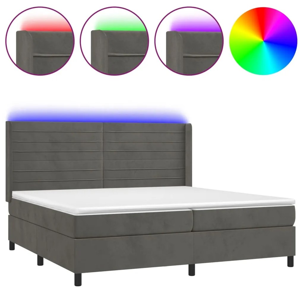 Κρεβάτι Boxspring με Στρώμα &amp; LED Σκ. Γκρι 200x200εκ. Βελούδινο - Γκρι