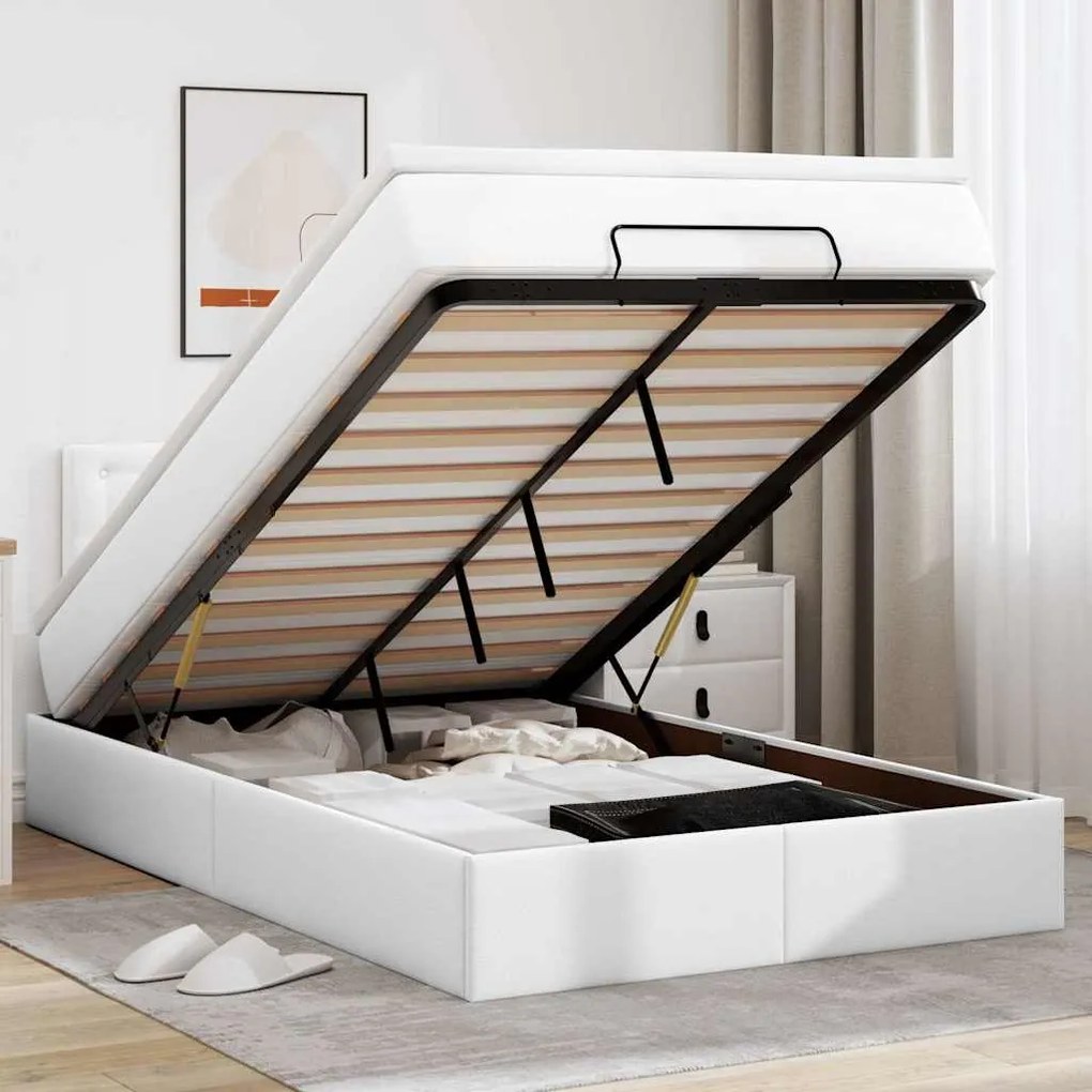 Οθωμανικό κρεβάτι με στρώματα & LEDs Καθαρό λευκό Faux Leather