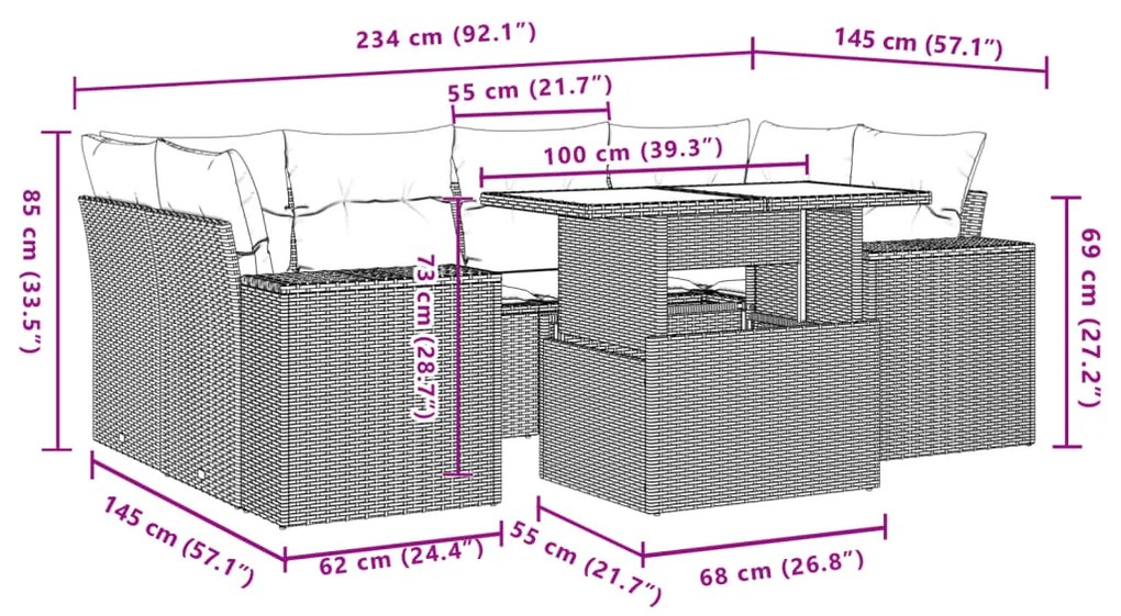 Καναπές Σετ 7 Τεμαχίων Μαύρο Συνθετικό Ρατάν με Μαξιλάρια - Μαύρο