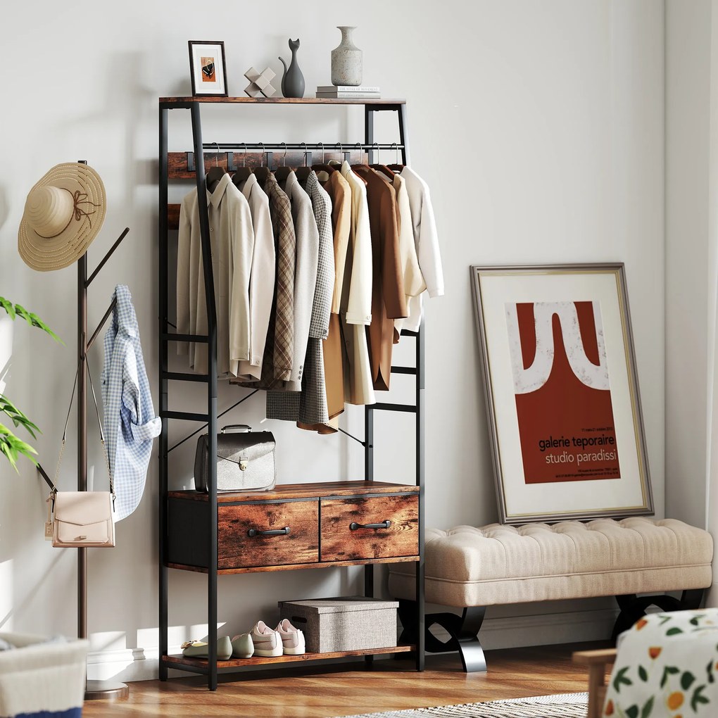 Κρεμάστρα HOMCOM με παπουτσοθήκη, βάση παλτών με πάγκο, 10 γάντζους, 2 υφασμάτινα συρτάρια, ράβδο ρούχων, μοριοσανίδα, μέταλλο, καφέ