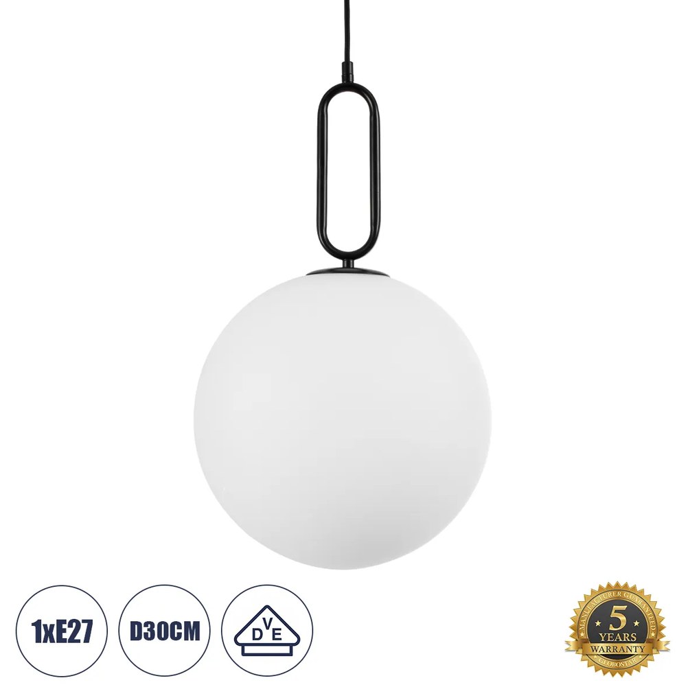 GloboStar® BELLISSIMO 61490 Μοντέρνο Κρεμαστό Φωτιστικό Οροφής Μονόφωτο 1 x E27 Γαλακτερή Γυάλινη Μπάλα με Μεταλλικό Μαύρο Ματ Σώμα Φ30 x Υ52cm