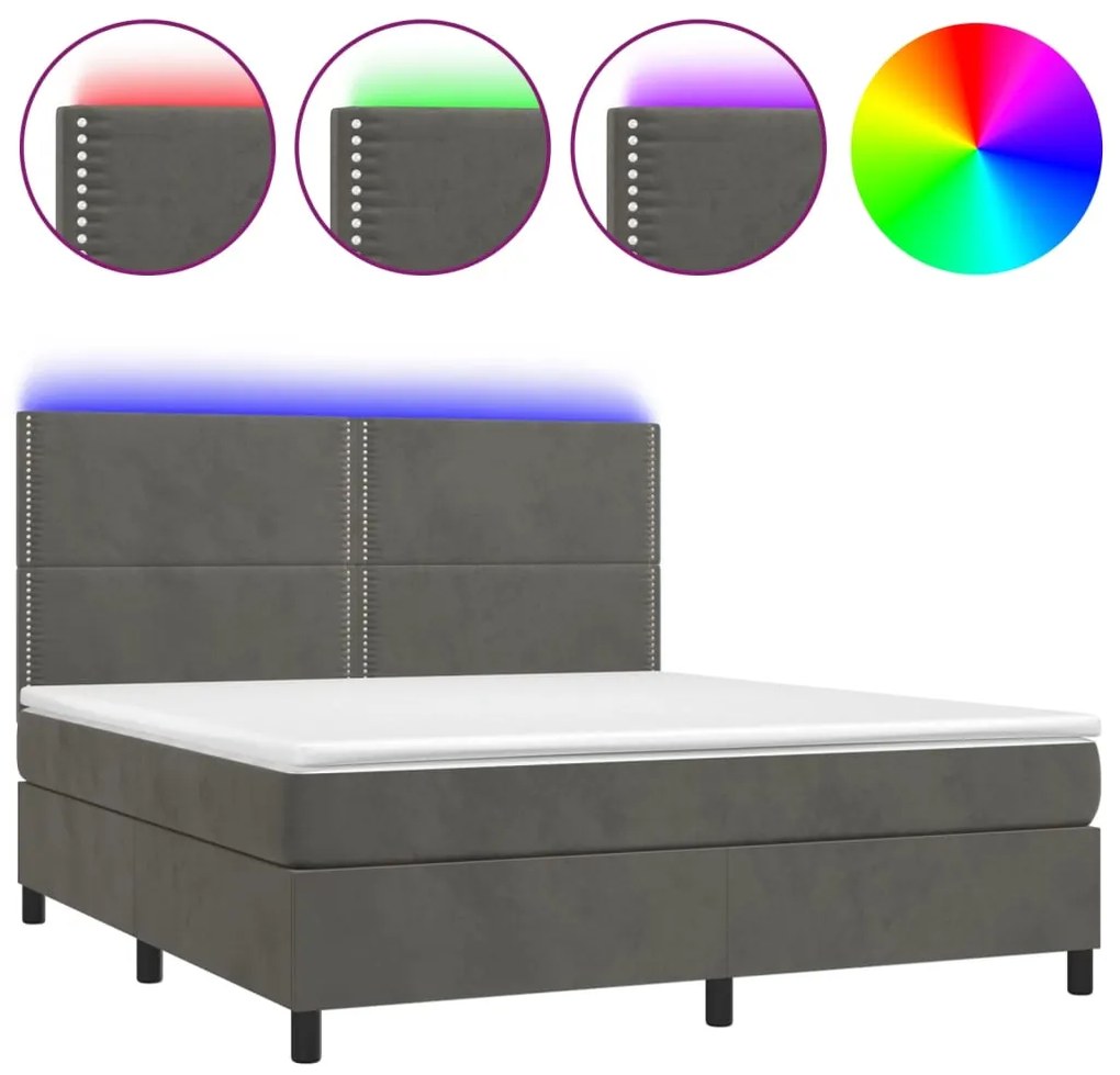 Κρεβάτι Boxspring με Στρώμα &amp; LED Σκ. Γκρι 180x200εκ. Βελούδινο - Γκρι