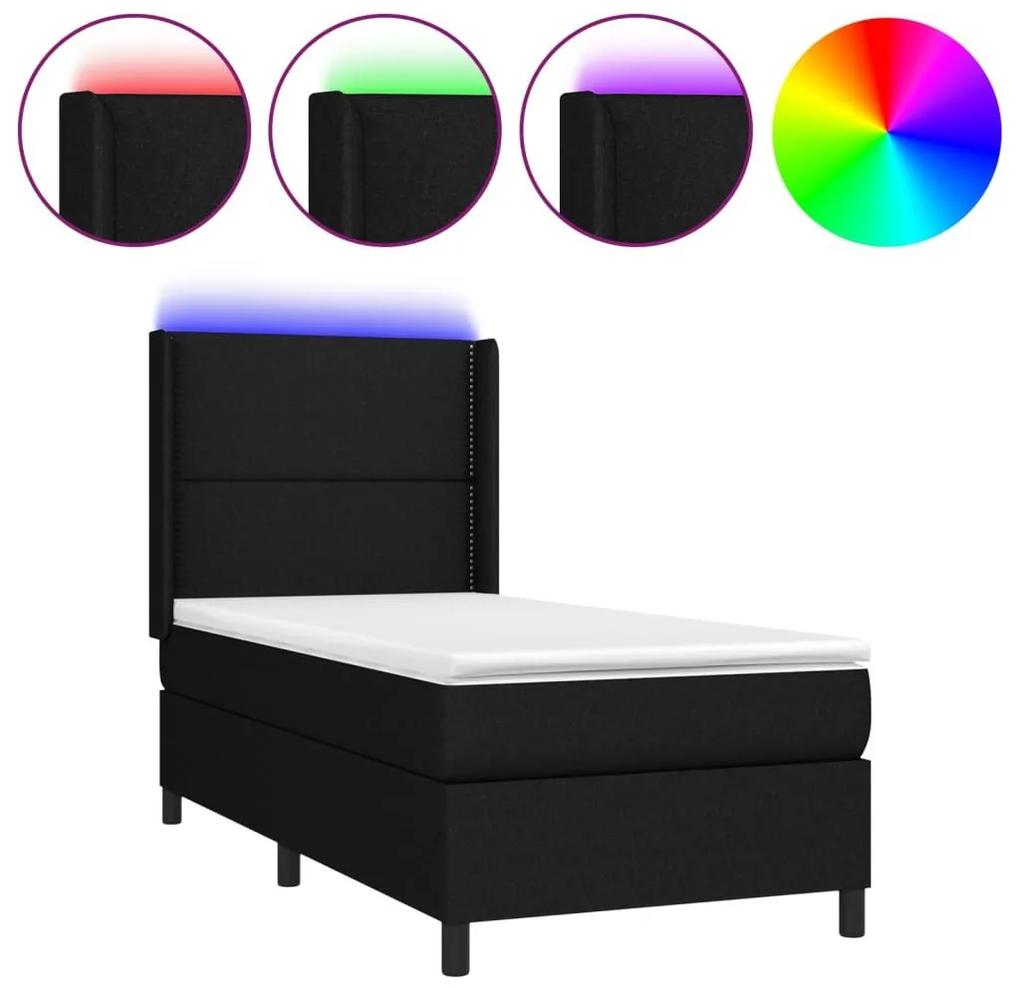 Κρεβάτι Boxspring με Στρώμα &amp; LED Μαύρο 90x190 εκ. Υφασμάτινο - Μαύρο