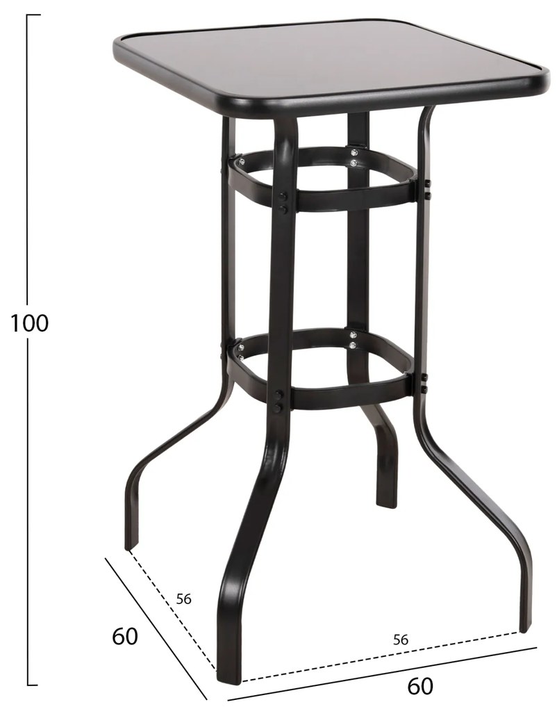 ΤΡΑΠΕΖΙ ΜΠΑΡ ΤΕΤΡΑΓΩΝΟ FIGGY HM6066.03 ΜΕΤΑΛΛΙΚΟ ΜΑΥΡΟ-ΓΥΑΛΙ ΑΣΦΑΛΕΙΑΣ 60x60x100Υεκ