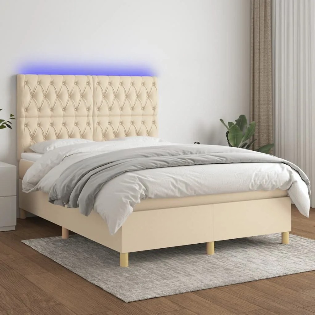 ΚΡΕΒΑΤΙ BOXSPRING ΜΕ ΣΤΡΩΜΑ &amp; LED ΚΡΕΜ 140X190 ΕΚ. ΥΦΑΣΜΑΤΙΝΟ 3135674